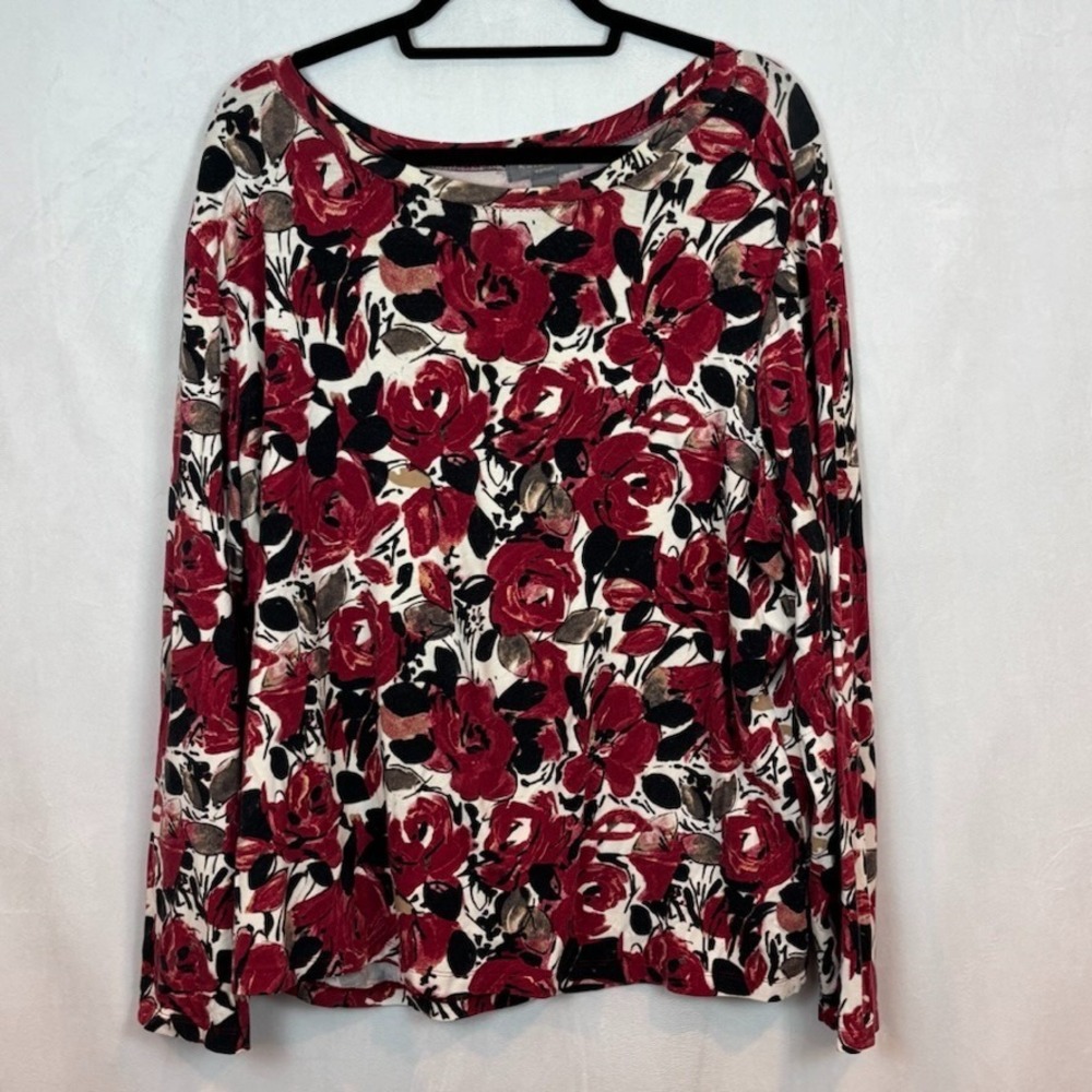 Kate Hill womans pima cotton Red long sleeve rose pattern soft knit blouse 2X